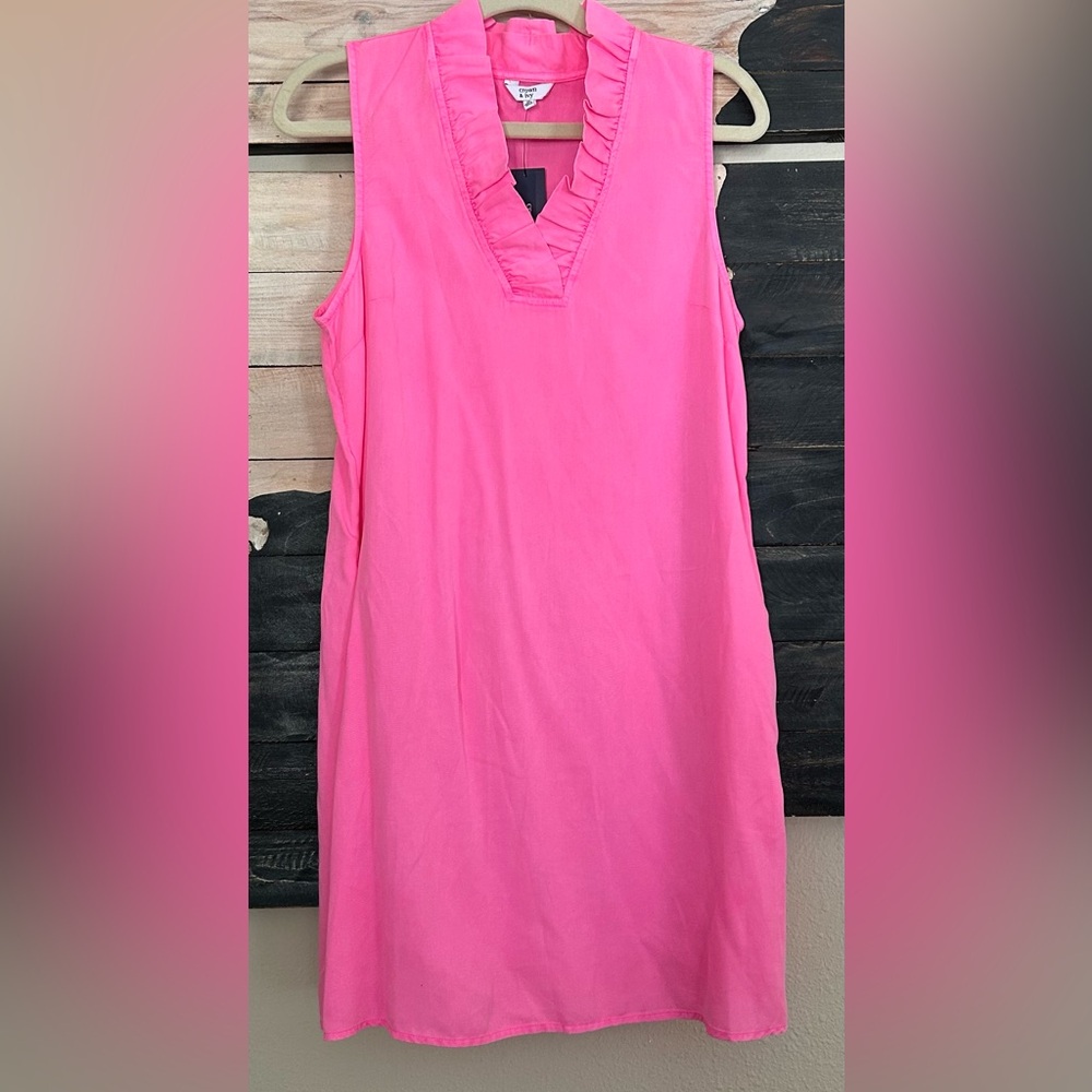 crown & ivy Hot Neon Pink Tencel Sleeveless Ruffle V-Neck Mini Dress